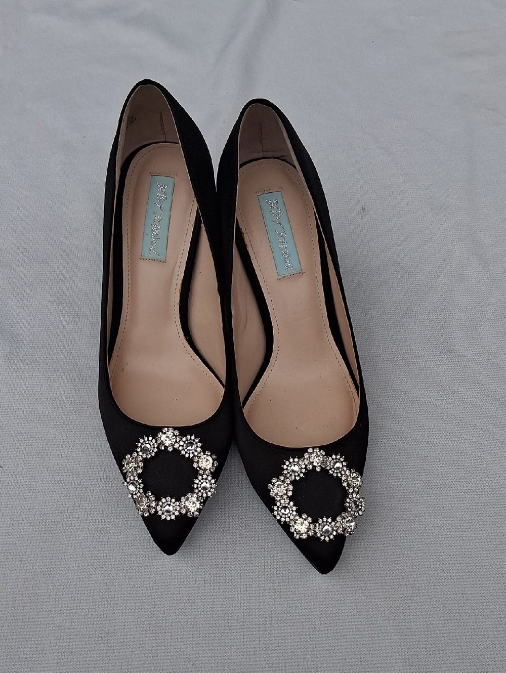 Betsey Johnson Black Pointed-Toe Heels with Crystal Wreath Accent